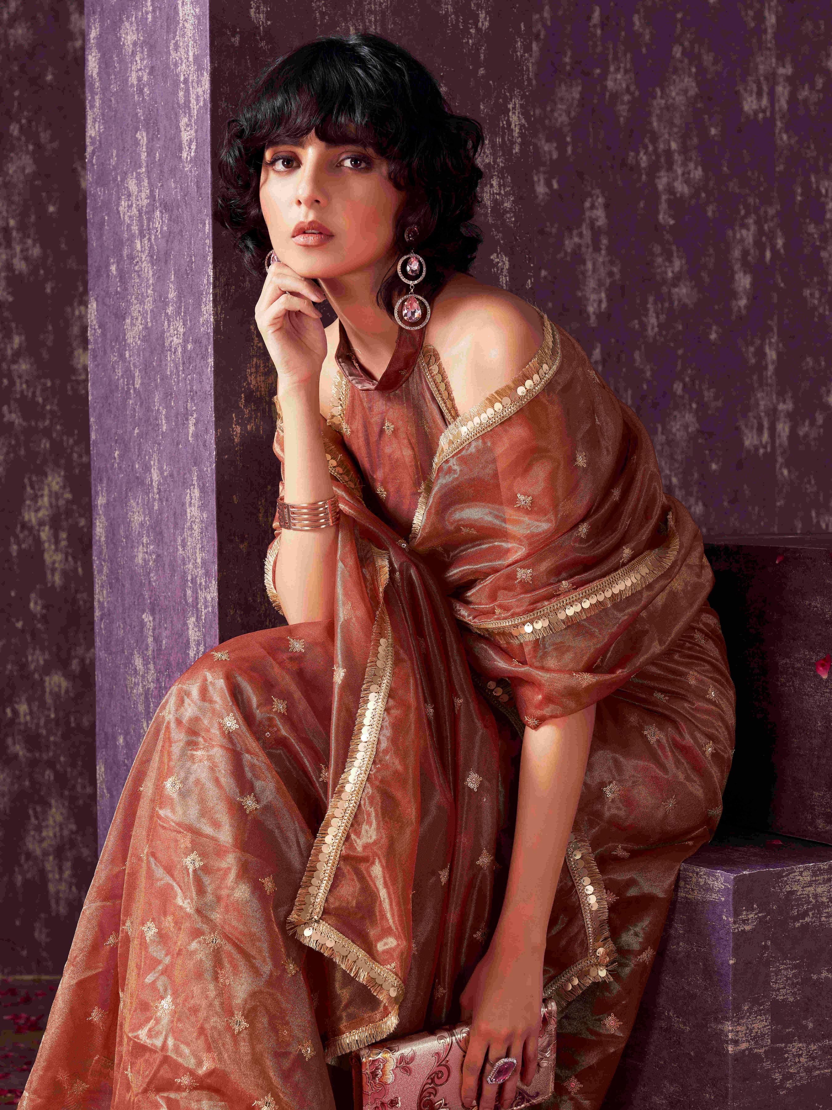 Rust colored shimmer net saree with sequence embroidery and sequinned tassle lace